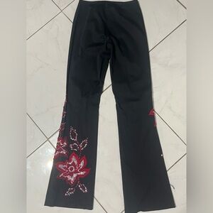Cache Black red bead sequin embroidered pants boot cut flare leg stretch vintage
